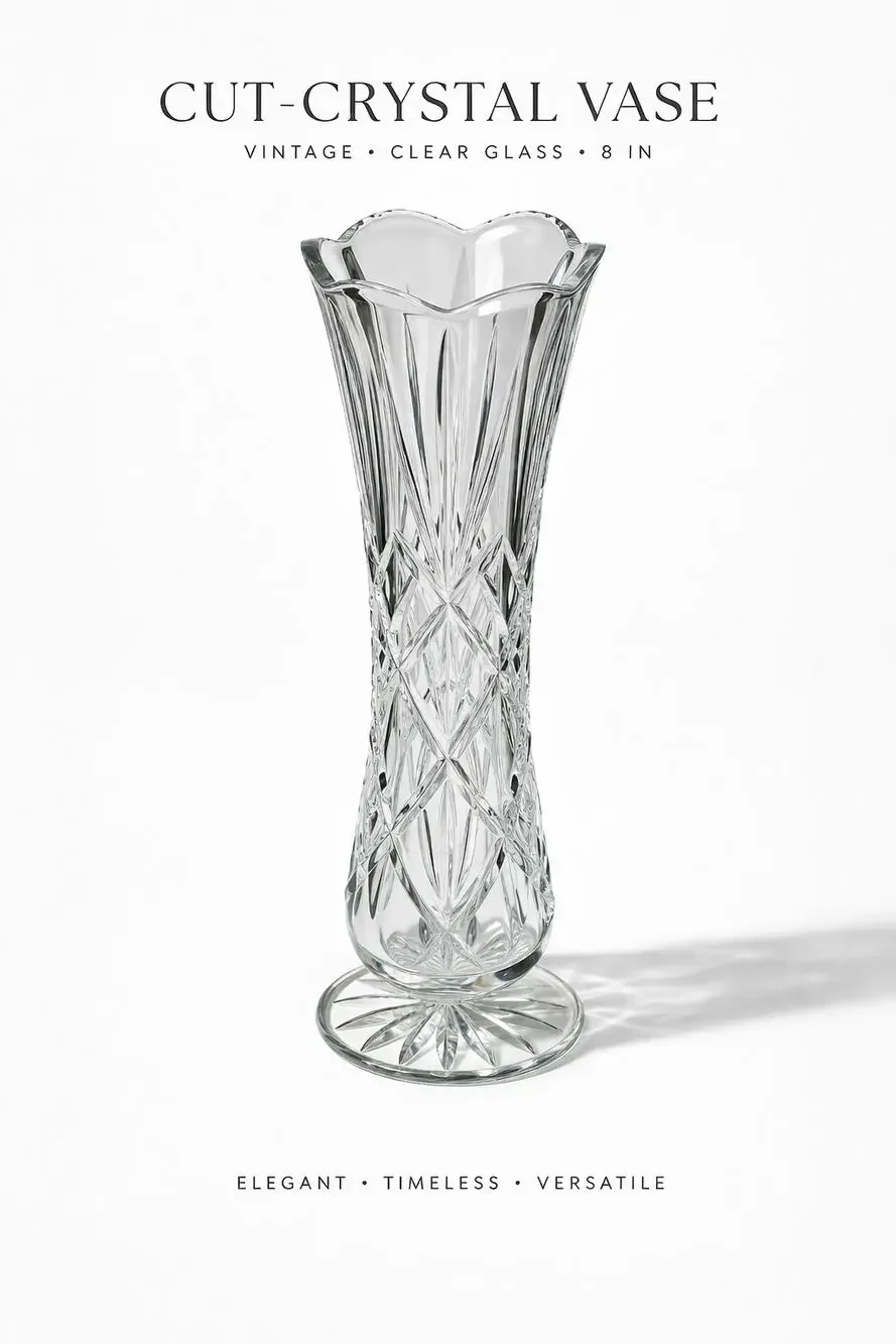 Cut Crystal Vase Clear Glass Flared Rim Starburst Base Vintage Style 8 Inch
